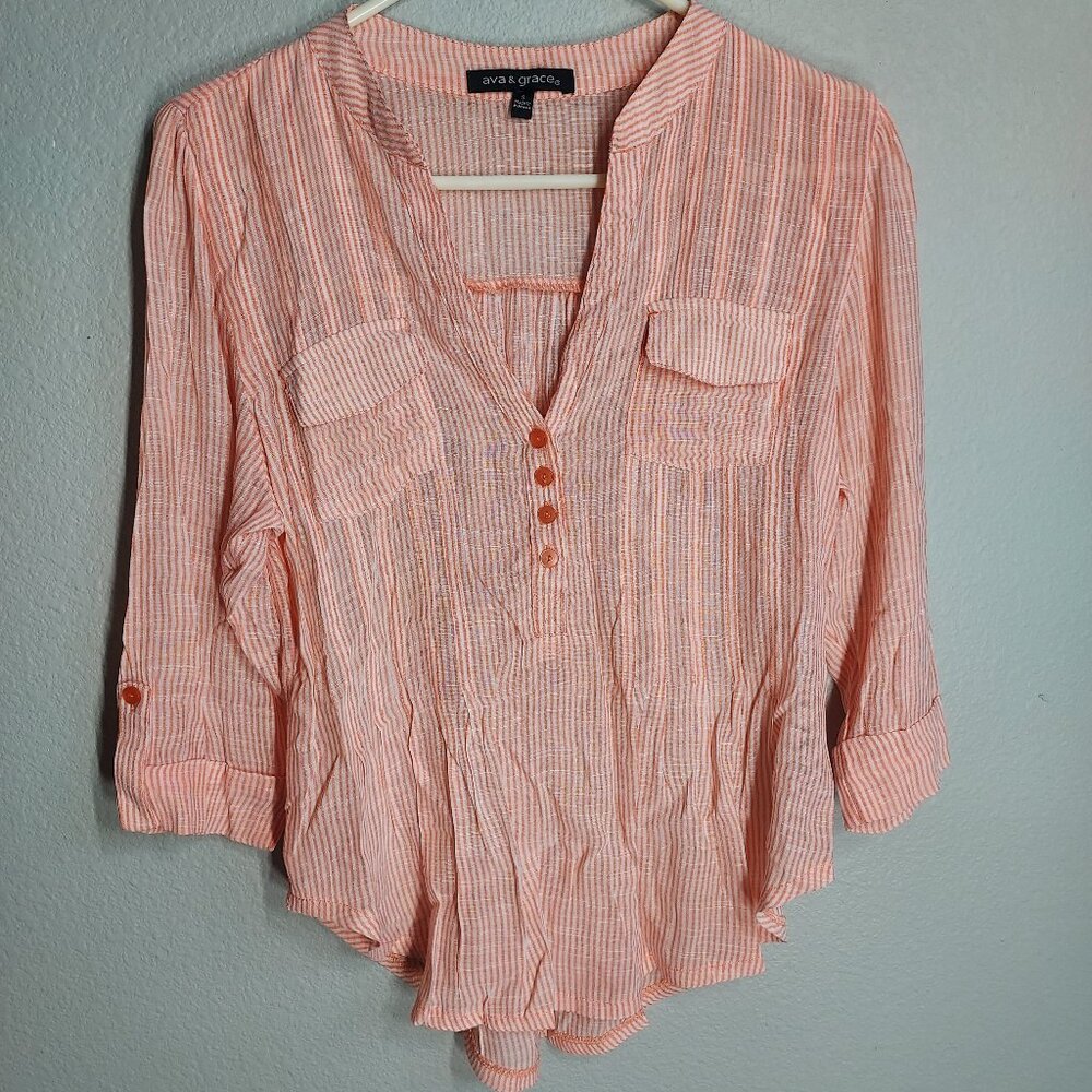 Ava & Grace Lightweight Peach White Striped Blouse - Small